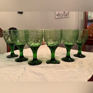 Vintage Libbey “Branches” Pressed Glass Water Goblets In Sage Green Set Of 6